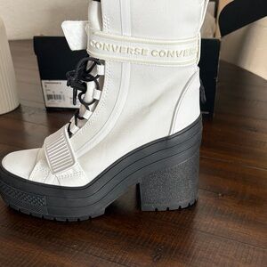 Converse White Canvas Platform Lace-Up Heeled Boot with Black Sole